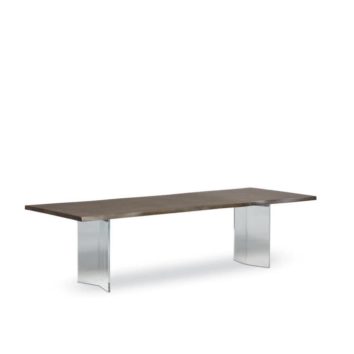 Mesa de comedor rústica con base de pedestal acrílico en forma de V