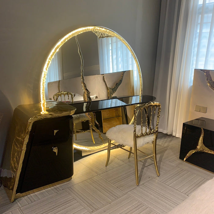 Luxury Brass Finish Marble Dressing Table&Silver Crackle Dressing Mirror