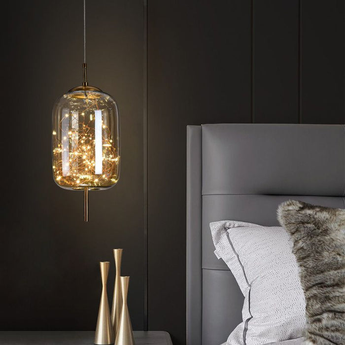 Modern Scandinavian Drum/Cylinder/Oval/Globe-Shaped Amber/Smoky Gray Glass Pendant