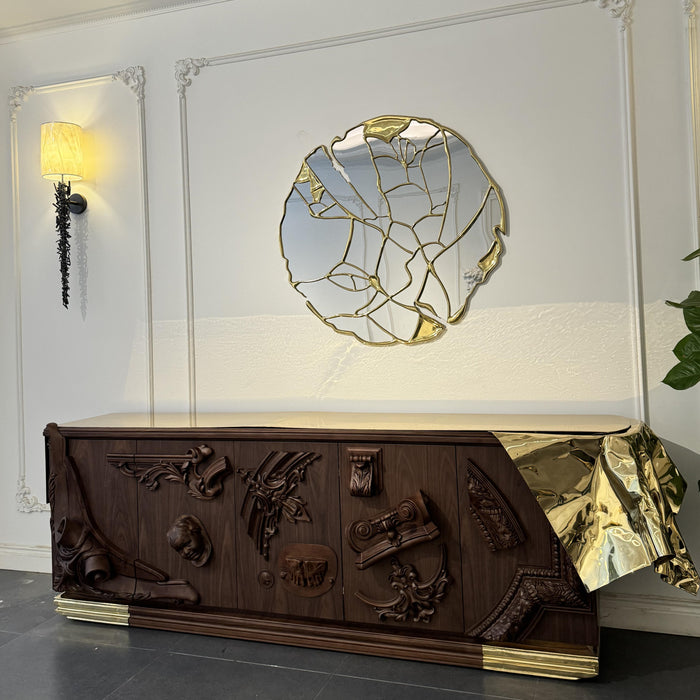 Luxury Empire Hand-pounded Brass Walnut Sideboard