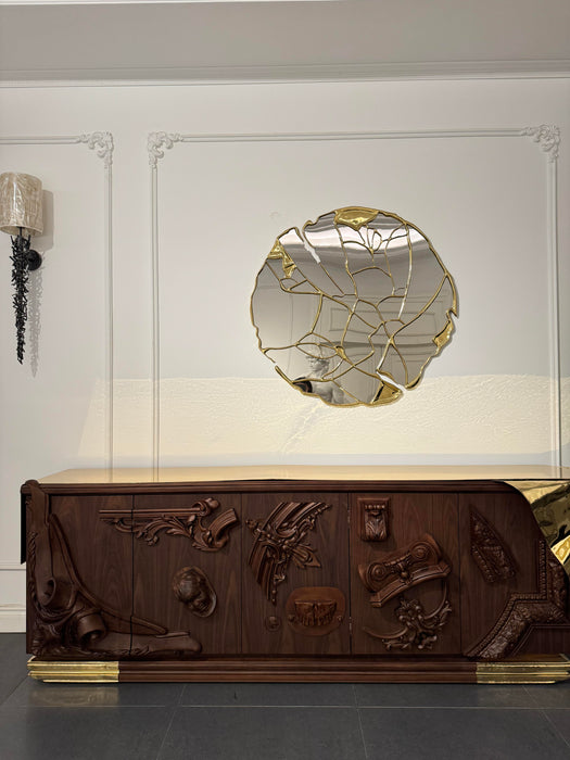 Luxury Empire Hand-pounded Brass Walnut Sideboard