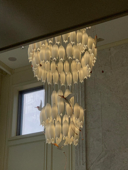 Modern Elegant Floating Glass Flower Chandelier with Ceramic Hummingbird Accents