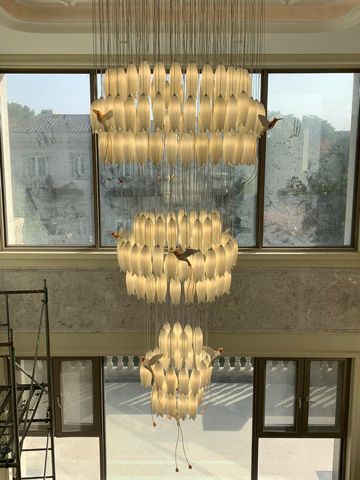 Modern Elegant Floating Glass Flower Chandelier with Ceramic Hummingbird Accents