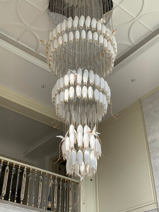 Modern Elegant Floating Glass Flower Chandelier with Ceramic Hummingbird Accents