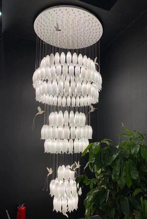 Modern Elegant Floating Glass Flower Chandelier with Ceramic Hummingbird Accents