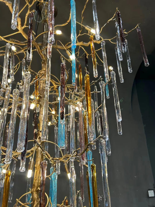 Modern Light Luxury Brass Branches Colored Glass Column Chandelier for Staircase/Living Room/High-ceiling Space