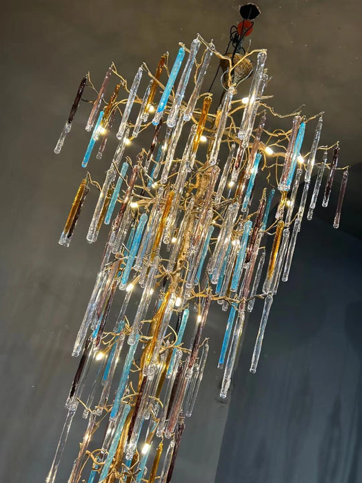 Modern Light Luxury Brass Branches Colored Glass Column Chandelier for Staircase/Living Room/High-ceiling Space