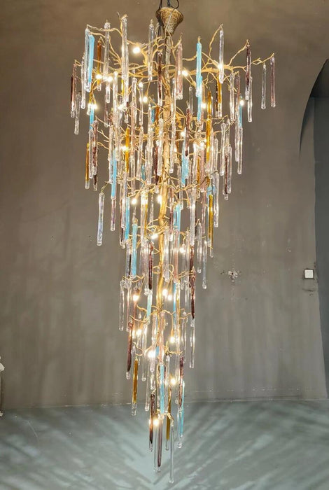 Modern Light Luxury Brass Branches Colored Glass Column Chandelier for Staircase/Living Room/High-ceiling Space