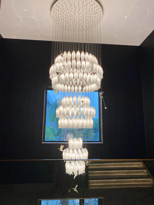 Modern Elegant Floating Glass Flower Chandelier with Ceramic Hummingbird Accents