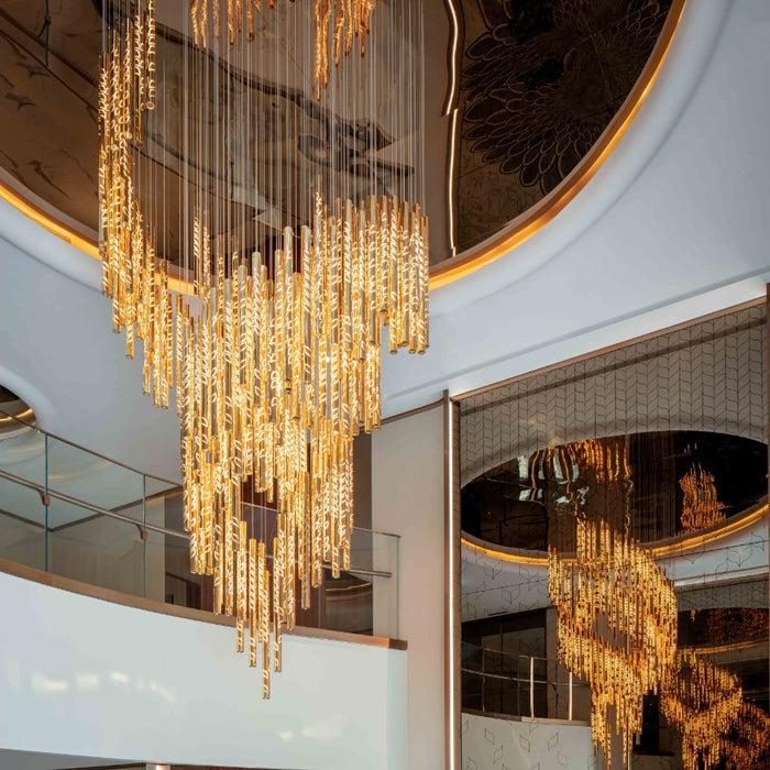 Modern Art Design Floating Leaves-inspired Glass Tube Chandelier for High-ceiling