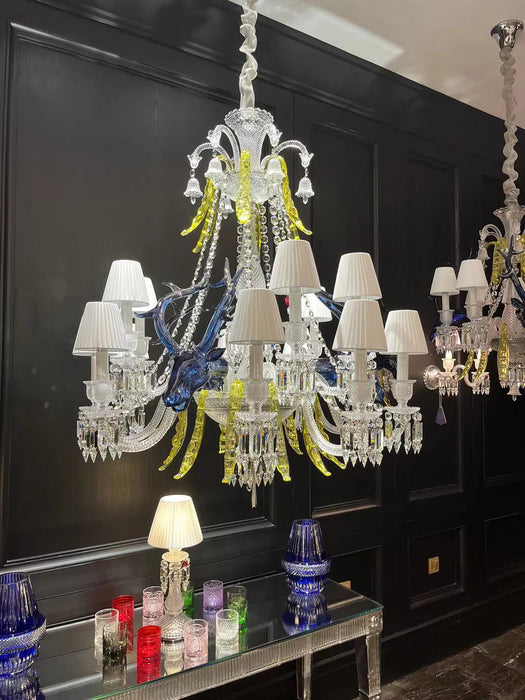 Traditional Colorful Candle Branch Blue Deer Crystal Chandelier for Living Room/Dining Room