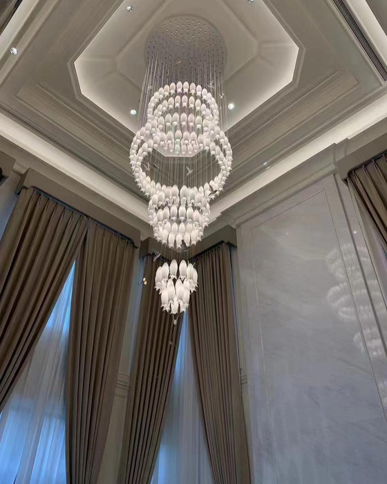 Modern Elegant Floating Glass Flower Chandelier with Ceramic Hummingbird Accents