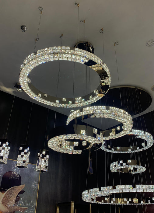 Modern Luxury 1/2/3/6-Ring Crystal Pixel Cube Chandelier Set for Staircase/Foyer/Living Room