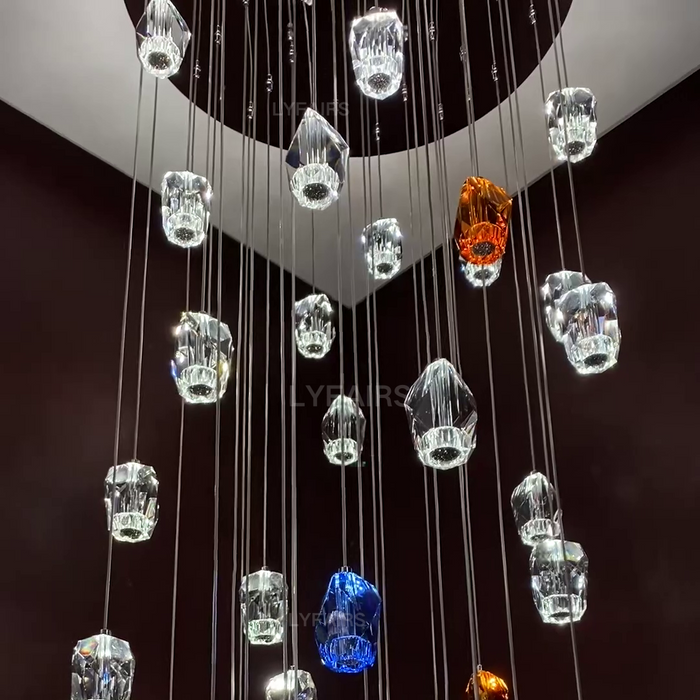 Modern Floating Clear/Blue/Amber Irregular Crystal Chandelier for High-ceiling