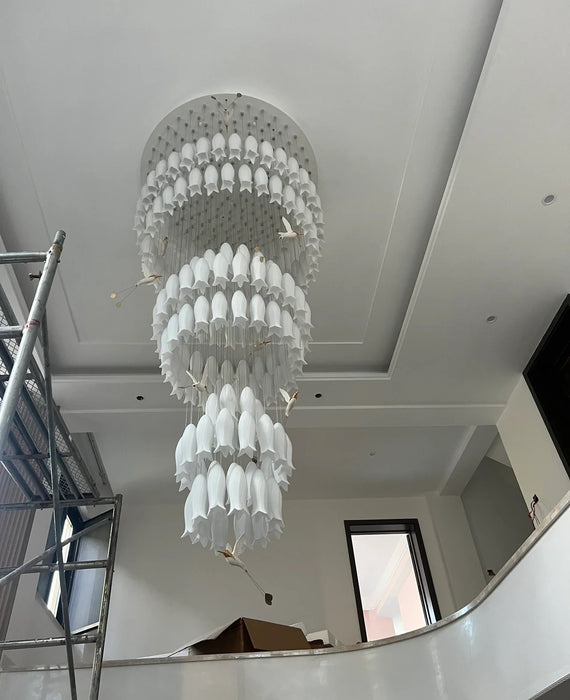 Modern Elegant Floating Glass Flower Chandelier with Ceramic Hummingbird Accents