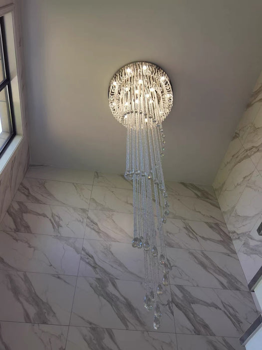 Lampadario moderno di grandi dimensioni con scala a chiocciola in cristallo a cascata per edificio duplex