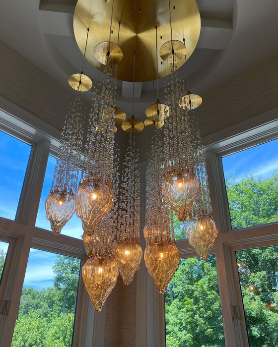 Modern Floating Blown Amber Glass Chandelier for High-ceiling