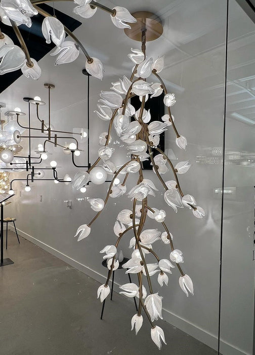 Modern Glass Flower Vertical Chandelier for High-ceiling