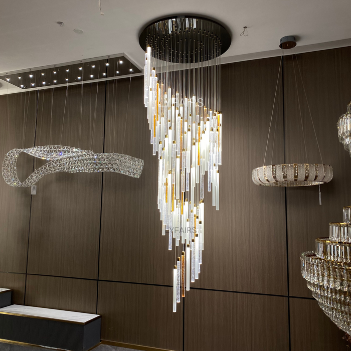 Modern Floating Clear&Orange Cylindrical Crystal Chandelier for High-ceiling