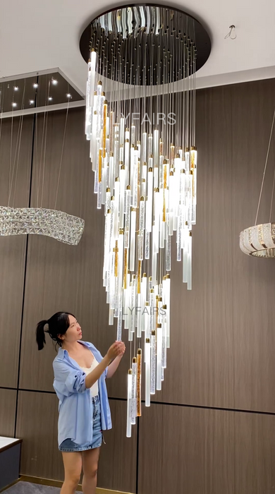 Modern Floating Clear&Orange Cylindrical Crystal Chandelier for High-ceiling