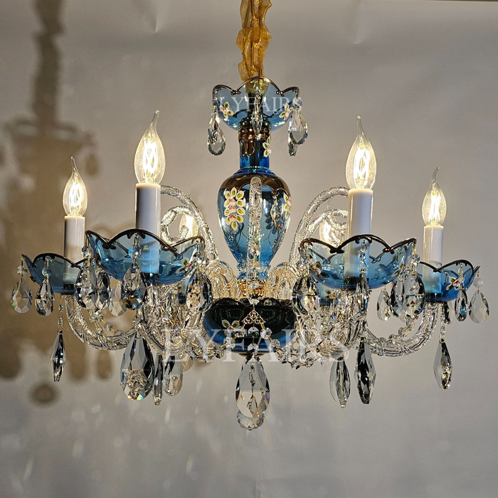 Lampadario di design francese romantico in cristallo blu, lampadario di arte moderna con ramo di candela per camera da letto/soggiorno/sala da pranzo