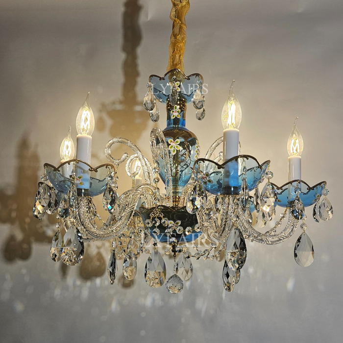 Lampadario di design francese romantico in cristallo blu, lampadario di arte moderna con ramo di candela per camera da letto/soggiorno/sala da pranzo