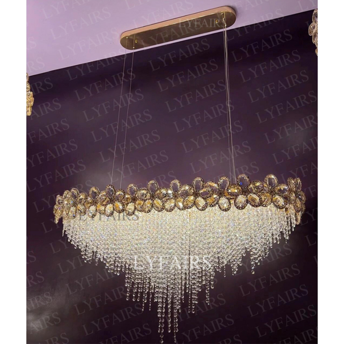 Modern Rectangular Flower Crystal Tassel Chandelier for Dining Room/Kitchen Island