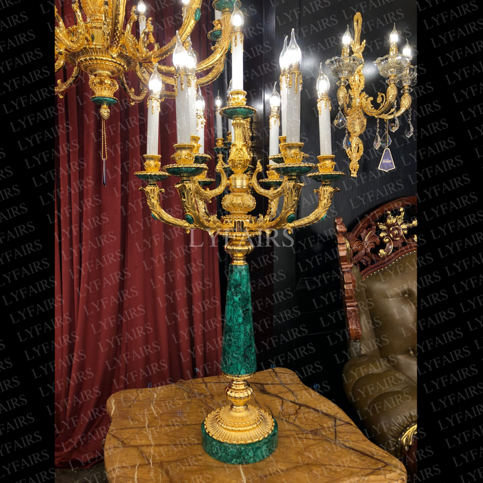 Luxury Vintage Top De-Waxed Crafted 10-Candle Malachite Table Lamp