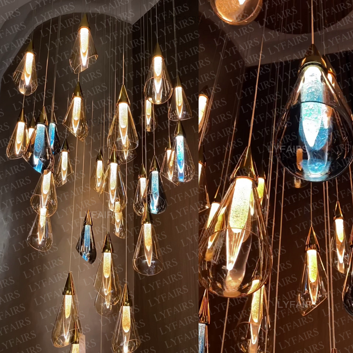 Modern Floating Amber Glass Raindrop Chandelier for High-ceiling