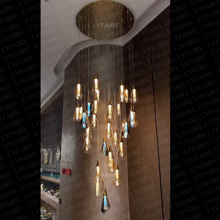 Modern Floating Amber Glass Raindrop Chandelier for High-ceiling