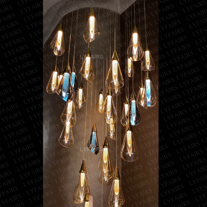 Modern Floating Amber Glass Raindrop Chandelier for High-ceiling