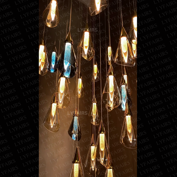 Modern Floating Amber Glass Raindrop Chandelier for High-ceiling