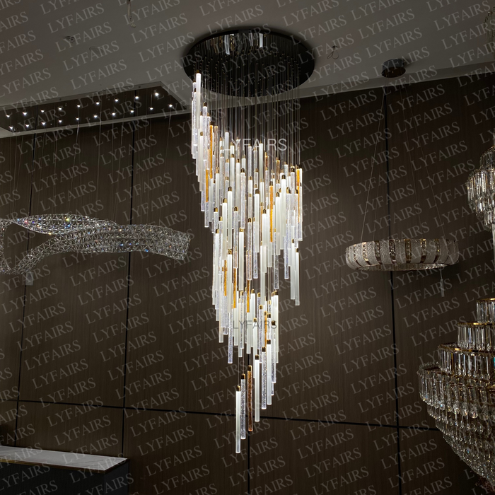 Modern Floating Clear&Orange Cylindrical Crystal Chandelier for High-ceiling