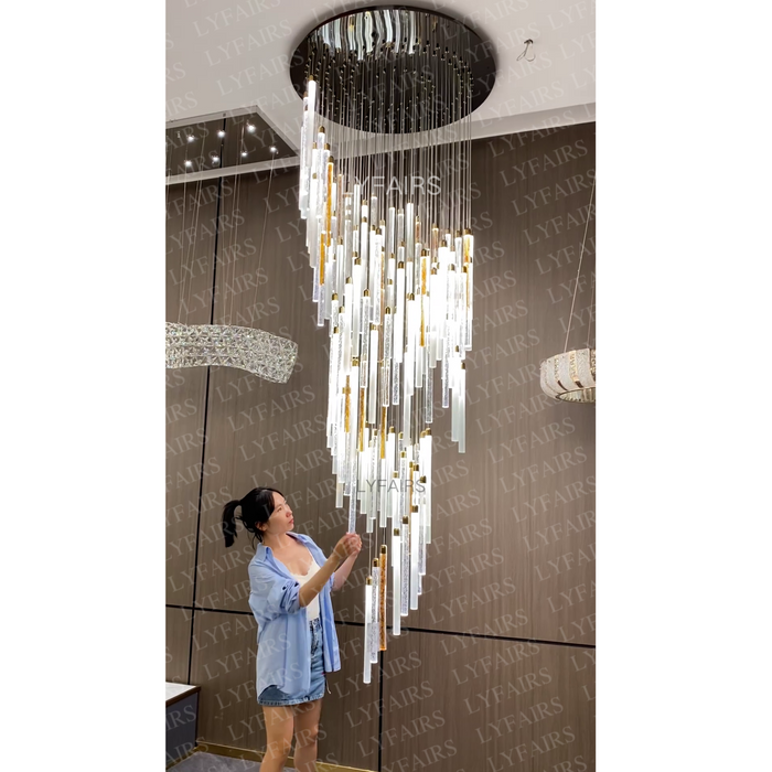 Modern Floating Clear&Orange Cylindrical Crystal Chandelier for High-ceiling