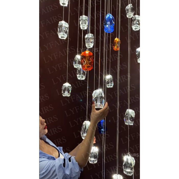 Modern Floating Clear/Blue/Amber Irregular Crystal Chandelier for High-ceiling