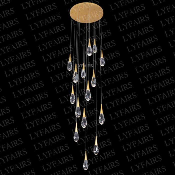 Modern Exquisite Floating Crystal Waterdrop Chandelier with Gold Leaf Gilding for High-ceiling