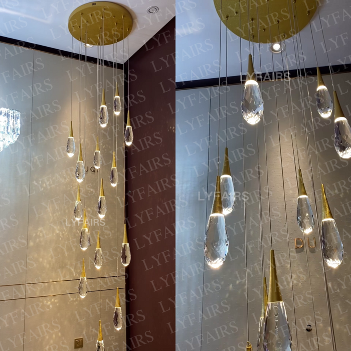 Modern Exquisite Floating Crystal Waterdrop Chandelier with Gold Leaf Gilding for High-ceiling