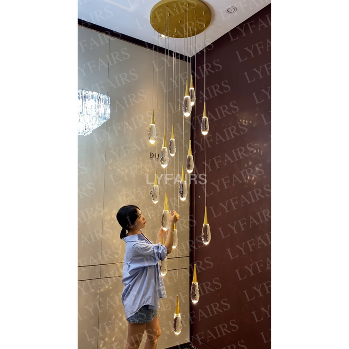 Modern Exquisite Floating Crystal Waterdrop Chandelier with Gold Leaf Gilding for High-ceiling