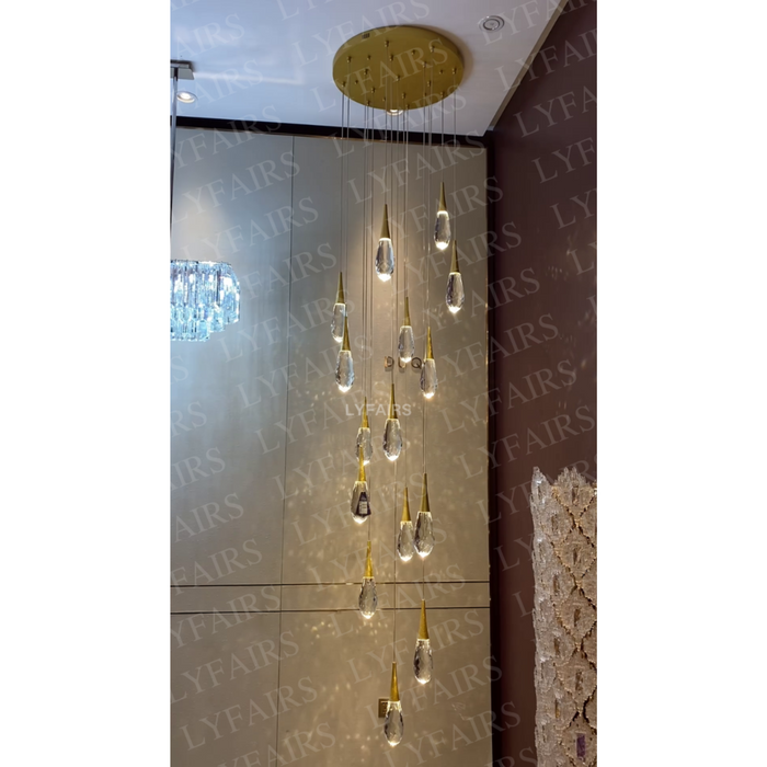 Modern Exquisite Floating Crystal Waterdrop Chandelier with Gold Leaf Gilding for High-ceiling