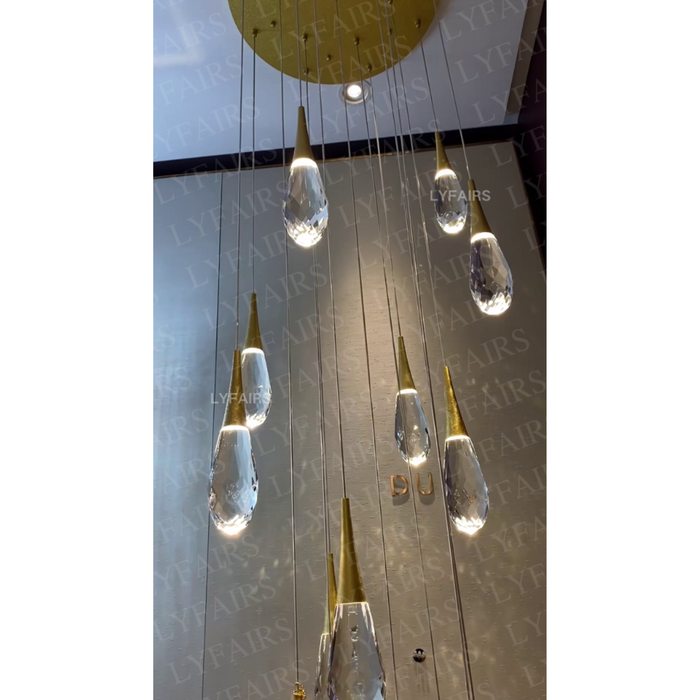 Modern Exquisite Floating Crystal Waterdrop Chandelier with Gold Leaf Gilding for High-ceiling