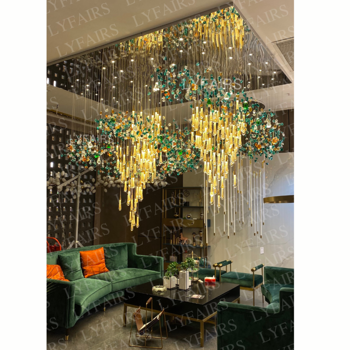 Extra Large Floating Crystal Raindrop Colorful Stone Chandelier for Hotel/Restaurant/Villa