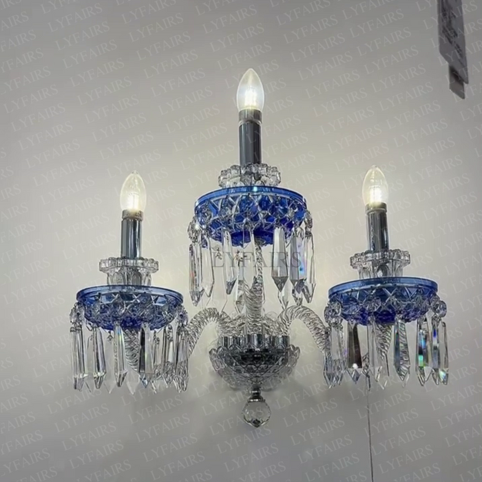 Luxury 3-Candle Blue Crystal Wall Light