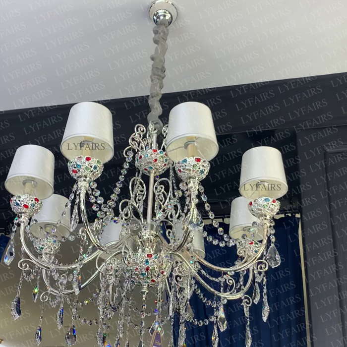 Luxury Candle Light Colorful Crystal Chandelier in Silver Finish