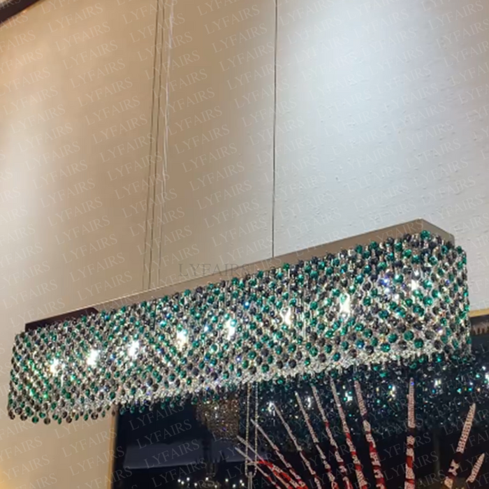 Modern Rectangular Green/Smoky Grey Crystal Chandelier for Dining Room