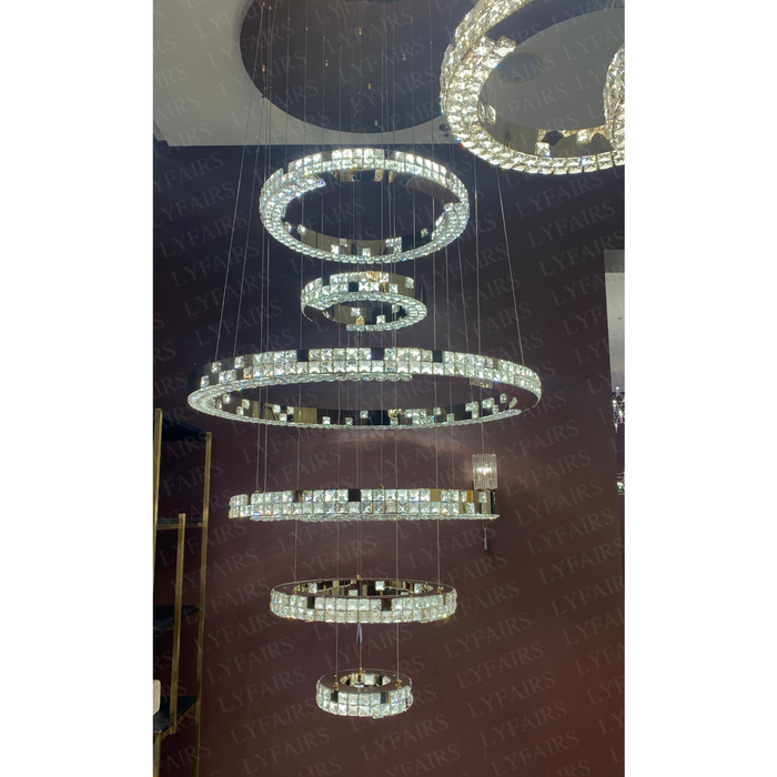 Modern Luxury 1/2/3/6-Ring Crystal Pixel Cube Chandelier Set for Staircase/Foyer/Living Room