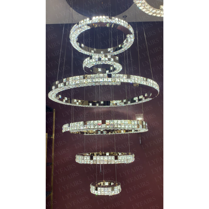 Modern Luxury 1/2/3/6-Ring Crystal Pixel Cube Chandelier Set for Staircase/Foyer/Living Room