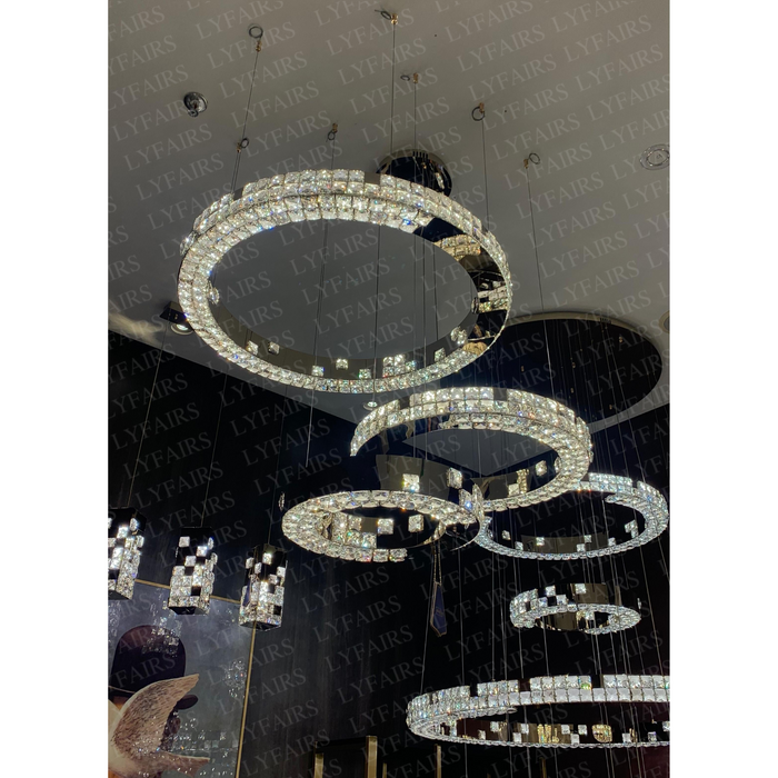 Modern Luxury 1/2/3/6-Ring Crystal Pixel Cube Chandelier Set for Staircase/Foyer/Living Room