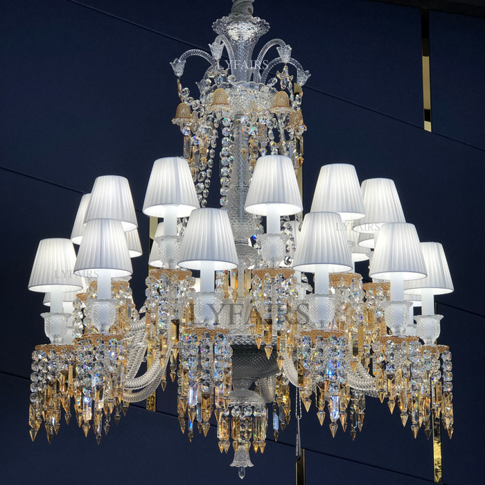 Luxury Large Classic Tiered Yellow Crystal Candle Lampshade Chandelier for High-ceiling Room/Living Room