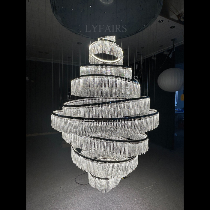 Long Crystal Tassel Rings Chandelier Extra Large Living Room Staircase High Ceiling Lighting Fixture