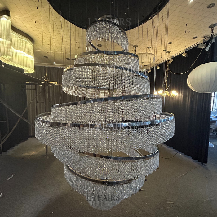 Long Crystal Tassel Rings Chandelier Extra Large Living Room Staircase High Ceiling Lighting Fixture